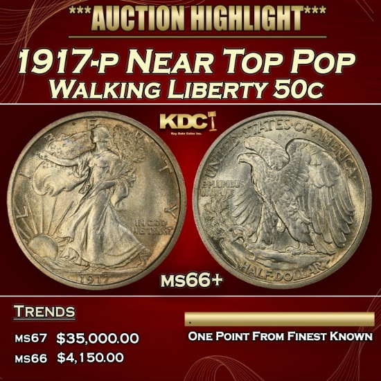 1917-p Walking Liberty Half Dollar Near Top Pop 50c Grades ms66+