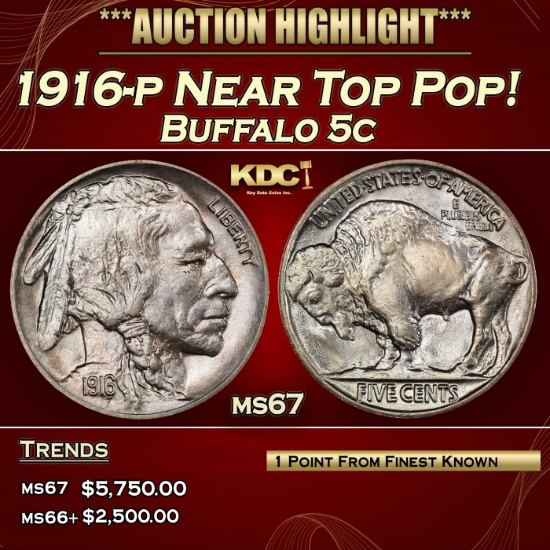 1916-p Buffalo Nickel Near Top Pop! 5c ms67 SEGS