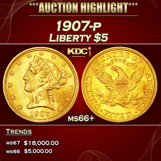 1907-p Gold Liberty Half Eagle $5 ms66+ SEGS