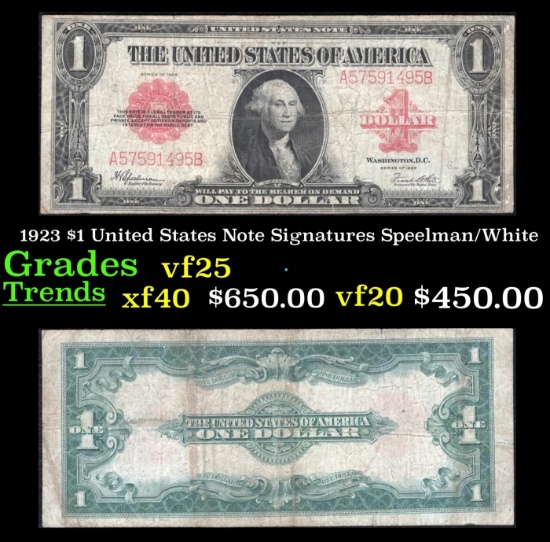 1923 $1 United States Note Grades vf+ Signatures Speelman/White