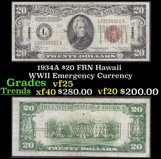 1934 $20 FRN Hawaii WWII Emergency Currency Grades vf+