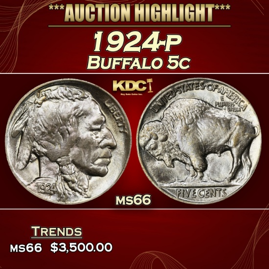 1924-p Buffalo Nickel 5c ms66 SEGS