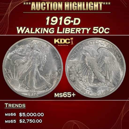 1916-d Walking Liberty Half Dollar 50c ms65+ SEGS