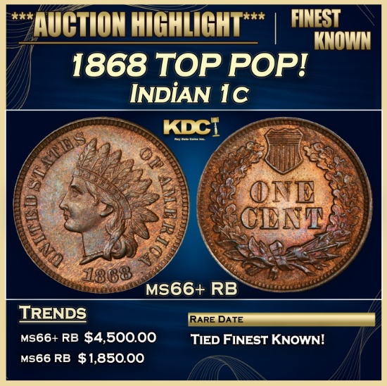 1868 Indian Cent TOP POP! 1c ms66+ RB SEGS