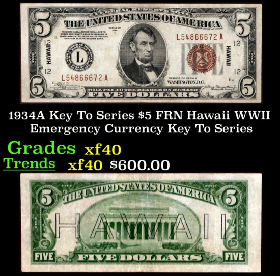 1934A $5 FRN Hawaii WWII Emergency Currency Key To Series Key To Series Grades xf