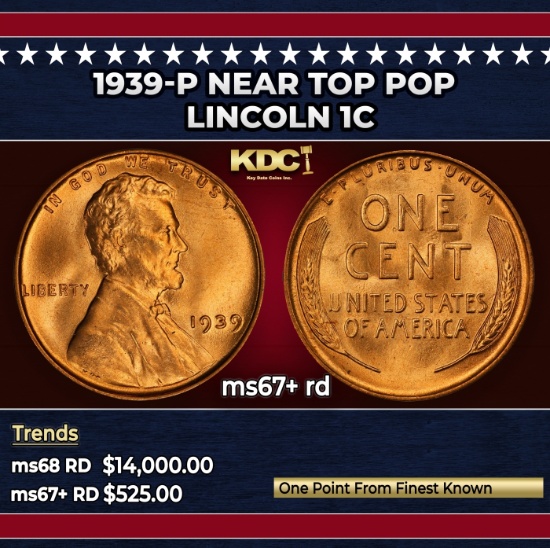 1939-p Lincoln Cent Near Top Pop 1c ms67+ rd SEGS