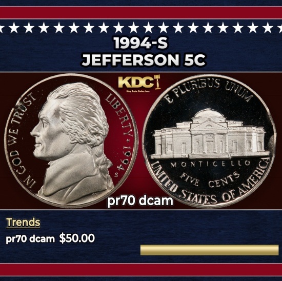 1994-s Proof Jefferson Nickel 5c pr70 dcam SEGS