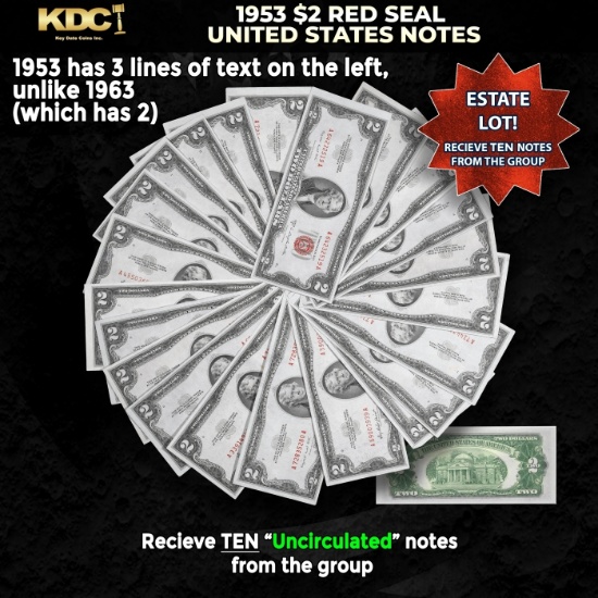 10x 1953 $2 Red Seal United States Note Grades CU