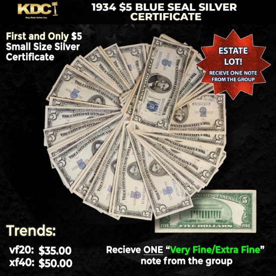 1x 1934 $5 Blue Seal Silver Certificate Grades VF/XF