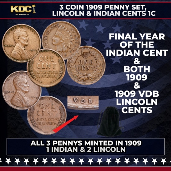 3 Coin 1909 Penny Set, Lincoln & Indian Cents 1c
