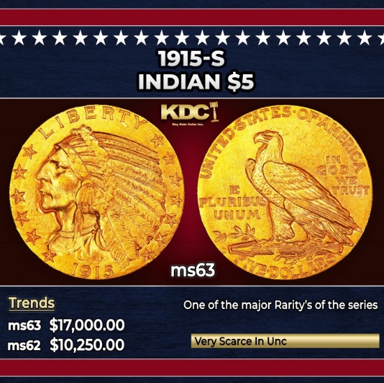1915-s Gold Indian Half Eagle $5 ms63 USCG