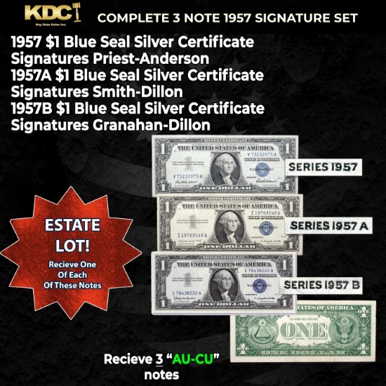 Complete 1957 $1 Blue Seal Silver Certificate Signature Set 1957, 1957A, 1957B, 3 Notes, Grades AU/C