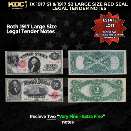 1x 1917 $1 & 1917 $2 Large Size Red Seal Legal Tender Notes Grades VF/XF