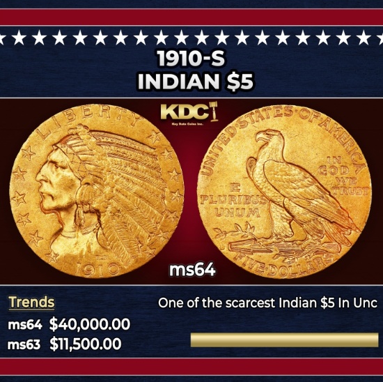 1910-s Gold Indian Half Eagle $5 ms64 USCG
