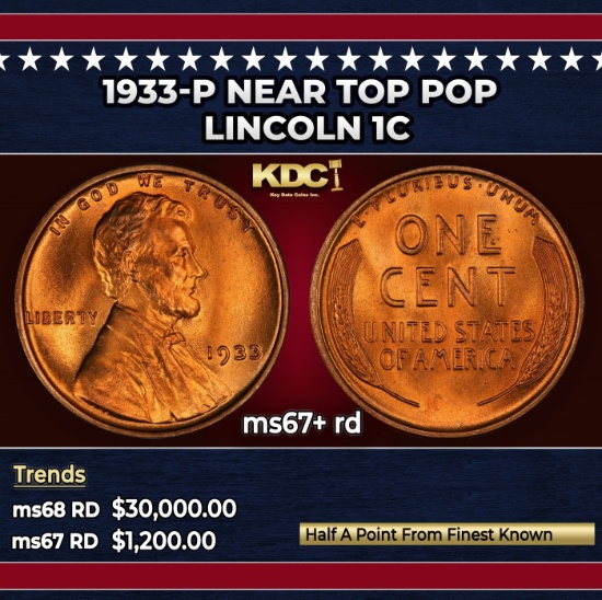1933-p Lincoln Cent Near Top Pop 1c ms67+ rd SEGS