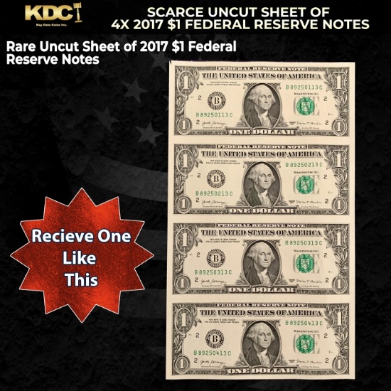 Scarce Uncut Sheet of 4x 2017 $1 Federal Reserve Notes In BeP Folder