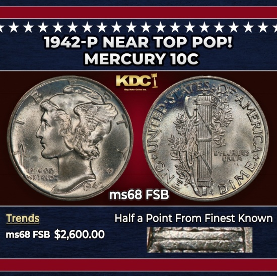 1942-p Mercury Dime Near Top Pop! 10c ms68 FSB SEGS