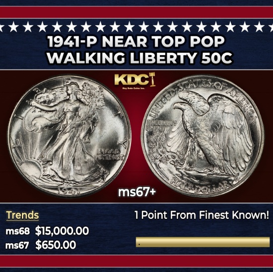 1941-p Walking Liberty Half Dollar Near Top Pop 50c ms67+ SEGS
