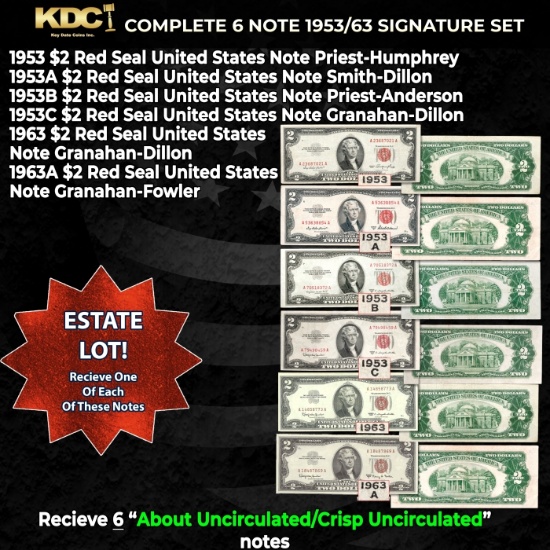 Complete 1953/63 $2 Red Seal United States Note Signature Set 1953, 1953a, 1953b. 1953c, 1963, 1963A
