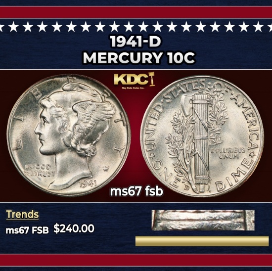 1941-d Mercury Dime 10c ms67 fsb SEGS