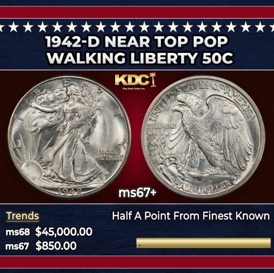 1942-d Walking Liberty Half Dollar Near Top Pop 50c ms67+ SEGS