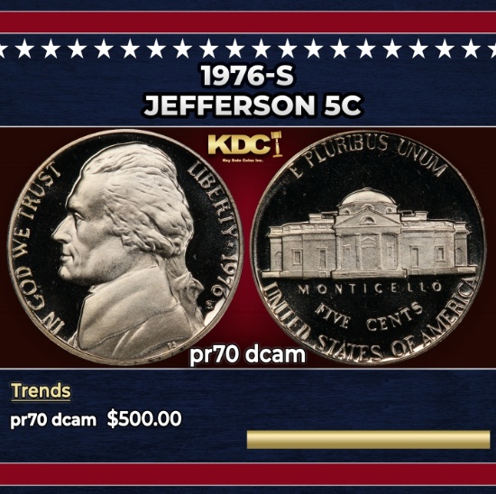 1976-s Proof Jefferson Nickel 5c pr70 dcam SEGS