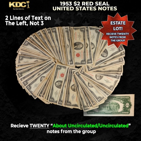20x 1953 $2 Red Seal United States Note Grades AU/CU
