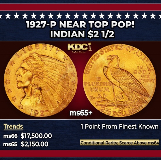 1927-p Gold Indian Quarter Eagle Near Top Pop! $2 1/2 ms65+ SEGS