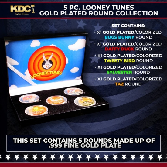 5 Coin Loony Tunes Gold Plated Round Collection Bugs Bunny, Daffy Duck, Tweety, Sylvester, Taz