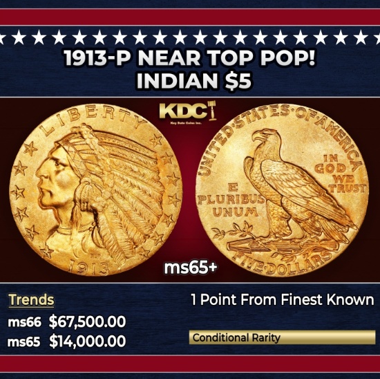 1913-p Gold Indian Half Eagle Near Top Pop! $5 ms65+ USCG