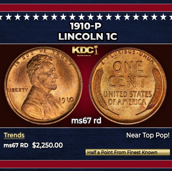 1910-p Lincoln Cent 1c ms67 rd SEGS