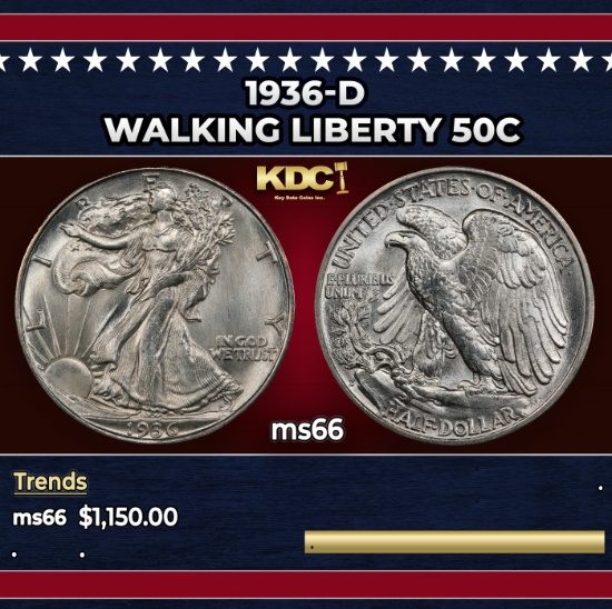 1936-d Walking Liberty Half Dollar 50c ms66 SEGS