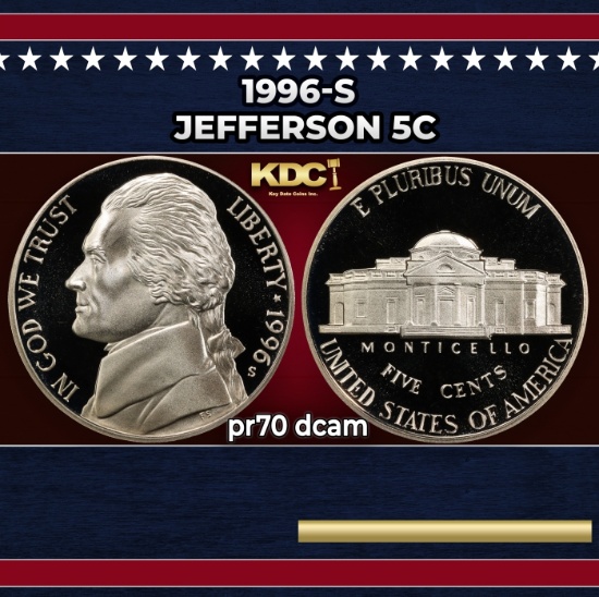 1996-s Proof Jefferson Nickel 5c pr70 dcam SEGS