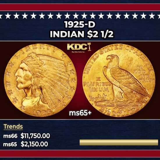 1925-d Gold Indian Quarter Eagle $2 1/2 ms65+ SEGS