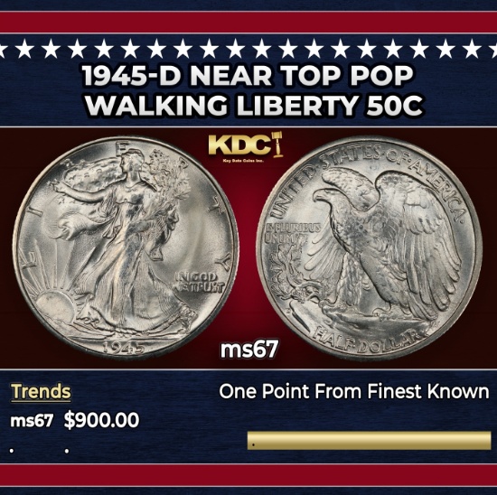 1945-d Walking Liberty Half Dollar Near Top Pop 50c ms67 SEGS
