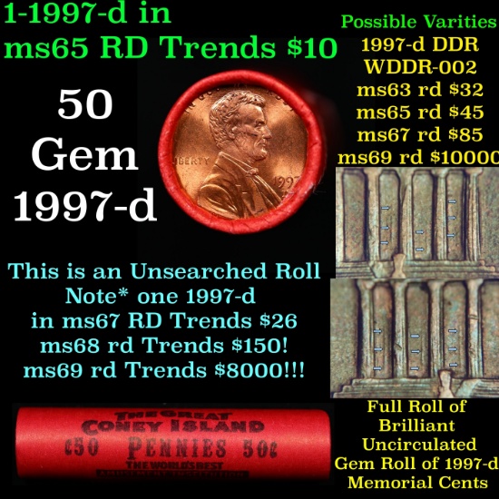 BU Shotgun Lincoln 1c roll, 1997-d 50 pcs Bank Wrapper 50c