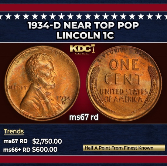 1934-d Lincoln Cent Near Top Pop 1c ms67 rd SEGS