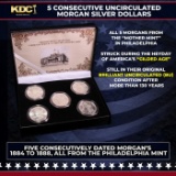 5x Coin Consecutive MORGAN Set 1884-1888-p ALL UNC, 5 Morgan Dollars From Philly