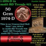 BU Shotgun Lincoln 1c roll, 1974-d 50 pcs Bank Wrapper 50c