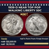 1939-d Walking Liberty Half Dollar Near Top Pop 50c ms67+ SEGS