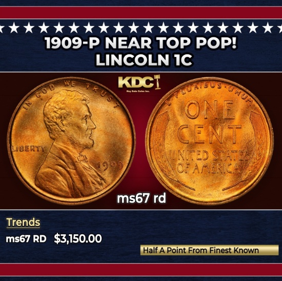 1909-p Lincoln Cent Near Top Pop! 1c ms67 rd SEGS
