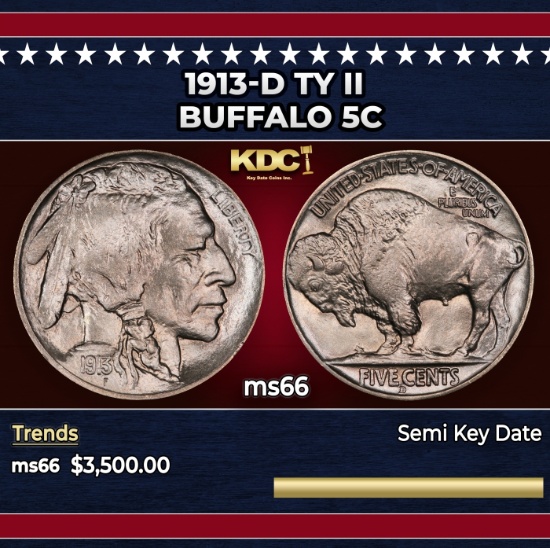 1913-d Ty II Buffalo Nickel 5c ms66 SEGS