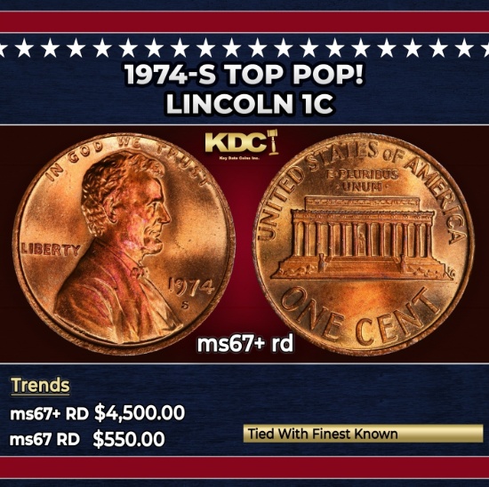 1974-s Lincoln Cent TOP POP! 1c ms67+ rd SEGS