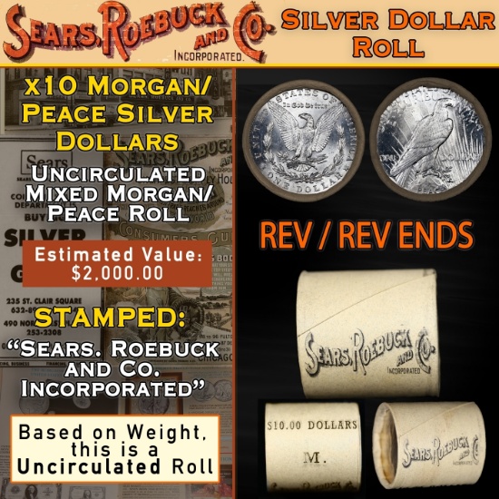 OY- 10 Coin Mixed Morgan/Peace SEARS UNC Dollar $1 Roll Morgan 'P' Rev/Peace 'P' Rev Ends