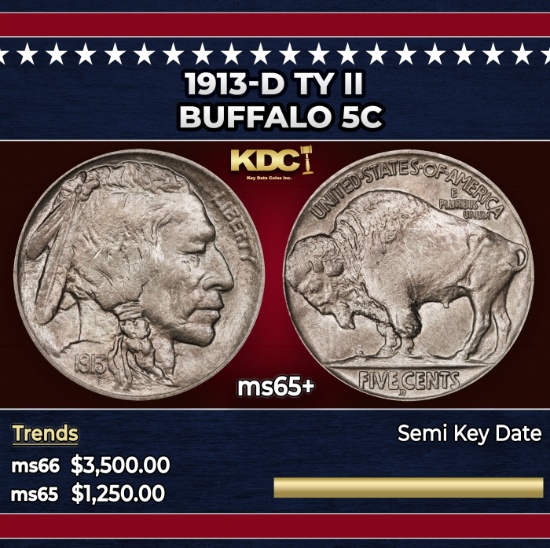 1913-d Ty II Buffalo Nickel 5c ms65+ SEGS