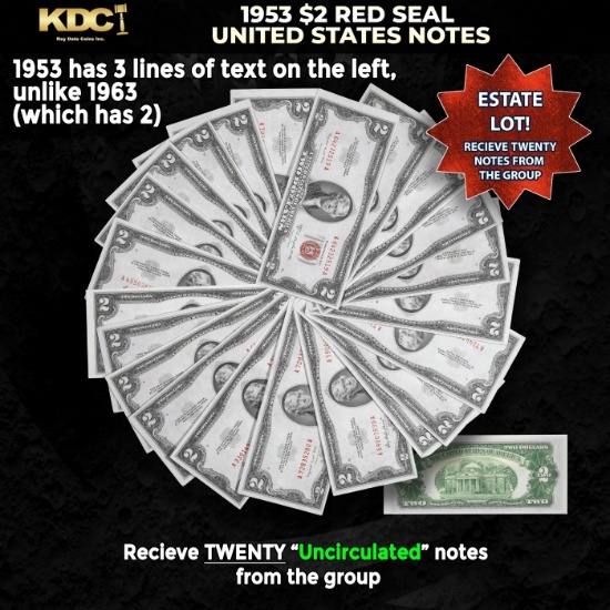 20x 1953 $2 Red Seal United States Note Grades CU