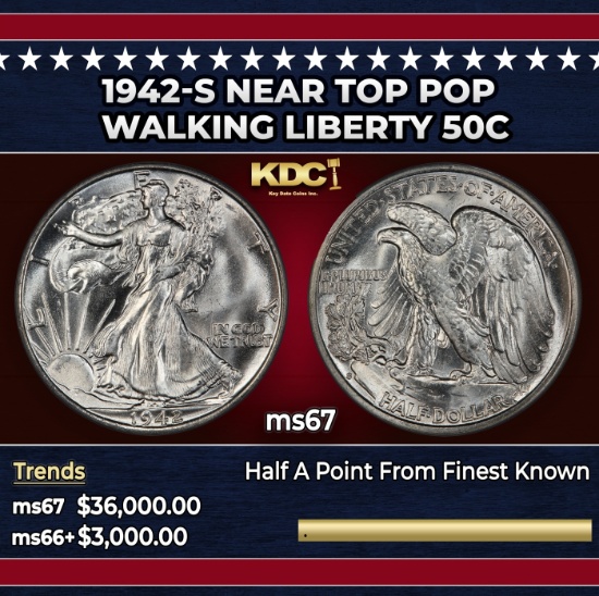 1942-s Walking Liberty Half Dollar Near Top Pop 50c ms67 SEGS