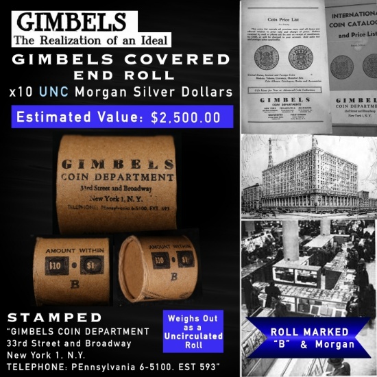 SO- UNC Silver Dollar GIMBLES Roll All Morgans 10 Coin B