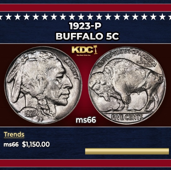 1923-p Buffalo Nickel 5c ms66 SEGS