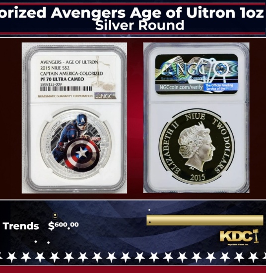 NGC NGC 2015 Marvel Captin America Colorized Avengers Age of Uitron 1oz .999 Silver $2  Niue Commera